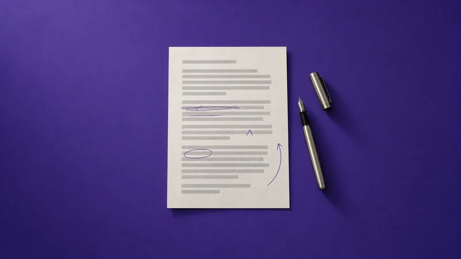 Folha de texto com marcas de revisão à mão em tinta violeta e uma caneta-tinteiro aberta ao lado, sobre papel violeta
