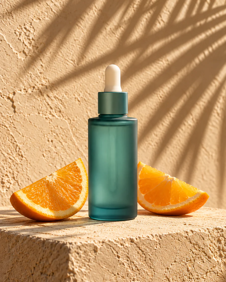 Frasco de sérum verde-azulado entre duas fatias de laranja, sob a sombra de uma folha de palmeira
