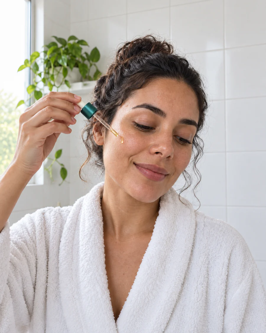Mulher de roupão branco aplicando uma gota do sérum no rosto, num banheiro claro
