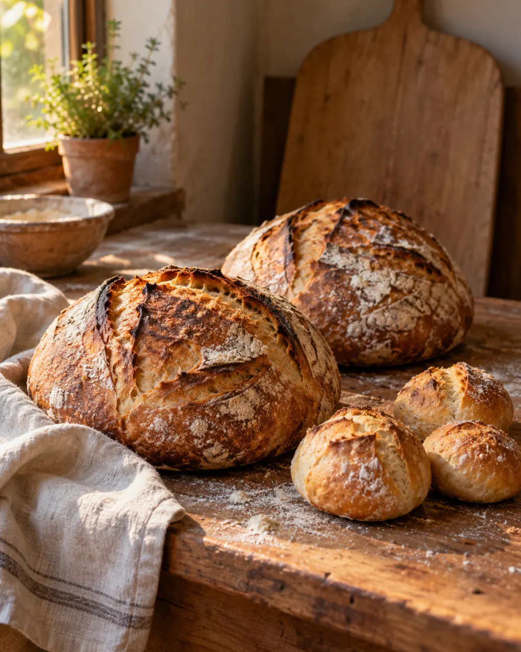 Pães de fermentação natural recém-saídos do forno sobre um balcão de madeira