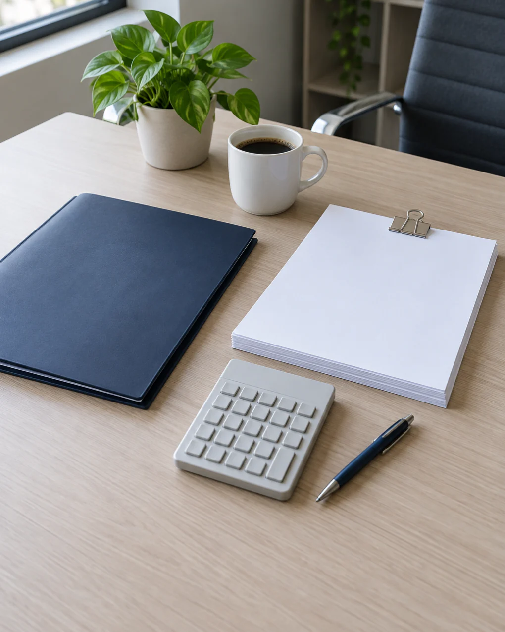 Mesa de escritório organizada, com pasta azul-marinho, papéis, calculadora e uma xícara de café